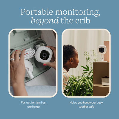 Portable monitoring device with text on a blue background