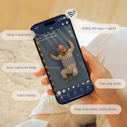 Baby in a crib with text about Nanit babies sleeping longer and parents gaining more sleep. #complete your setup_camera only #type_bundle