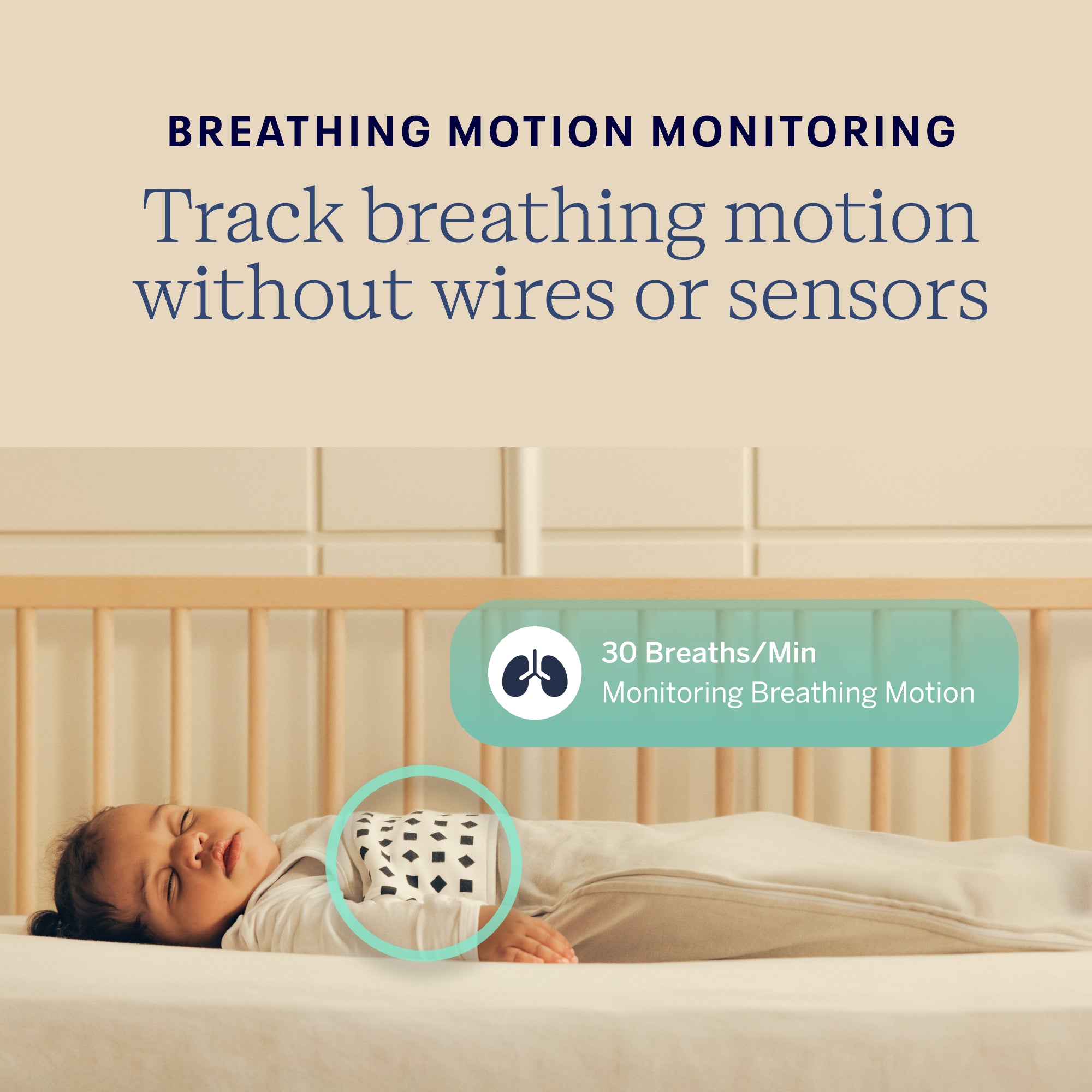 Baby lying in a crib with a device monitoring breathing motion, text about breathing motion monitoring.
