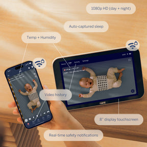 Home Display with Nanit app showing baby and features like 1080p HD, auto-captured sleep, and real-time safety notifications #complete your setup_camera + screen