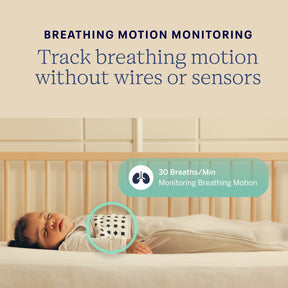 Baby lying in a crib with a device monitoring breathing motion, text about breathing motion monitoring.