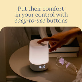 Put their comfort in your control with easy-to-use buttons with someone pressing the button on top of the Glo Sound Machine