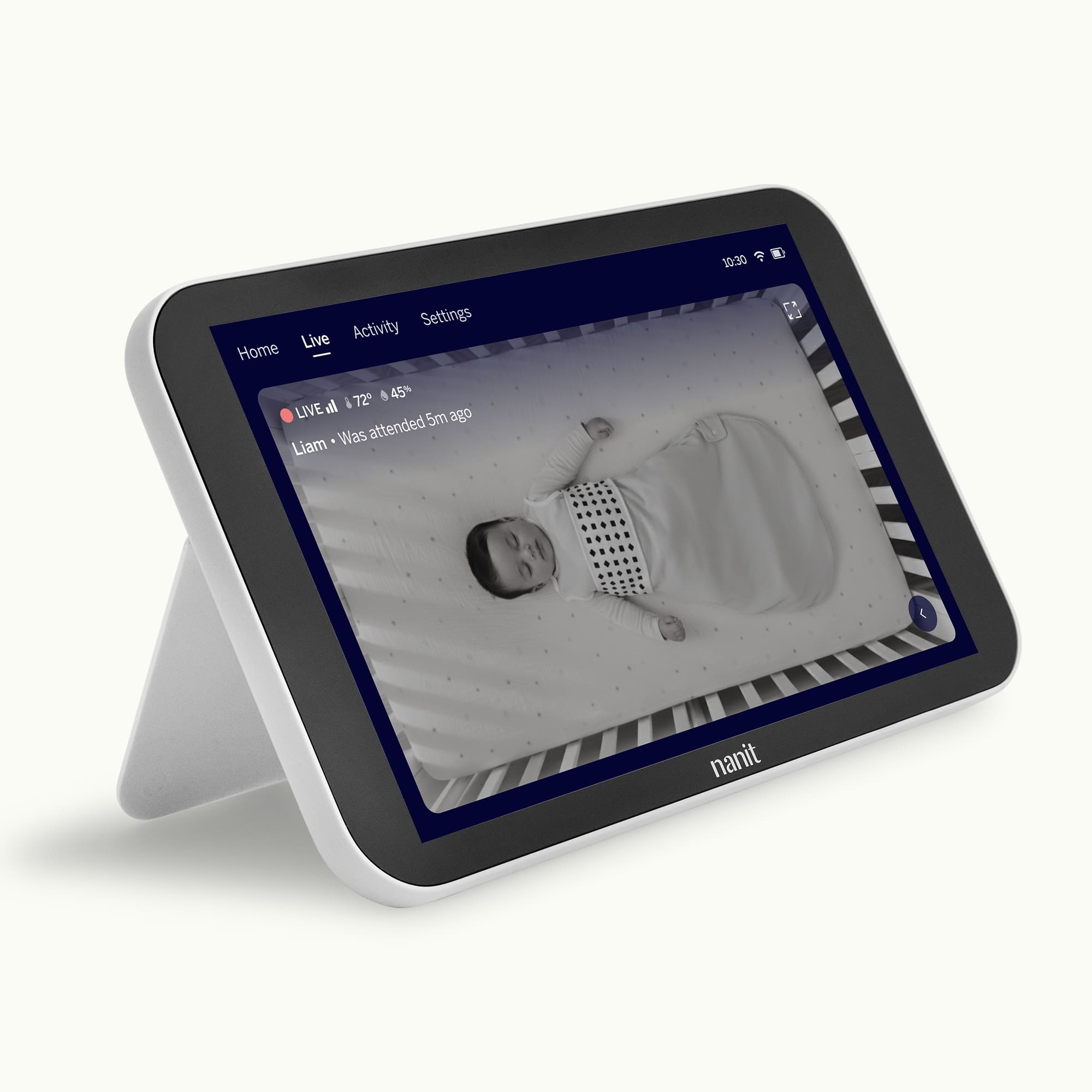 Nanit Home displaying a baby in a crib with night vision