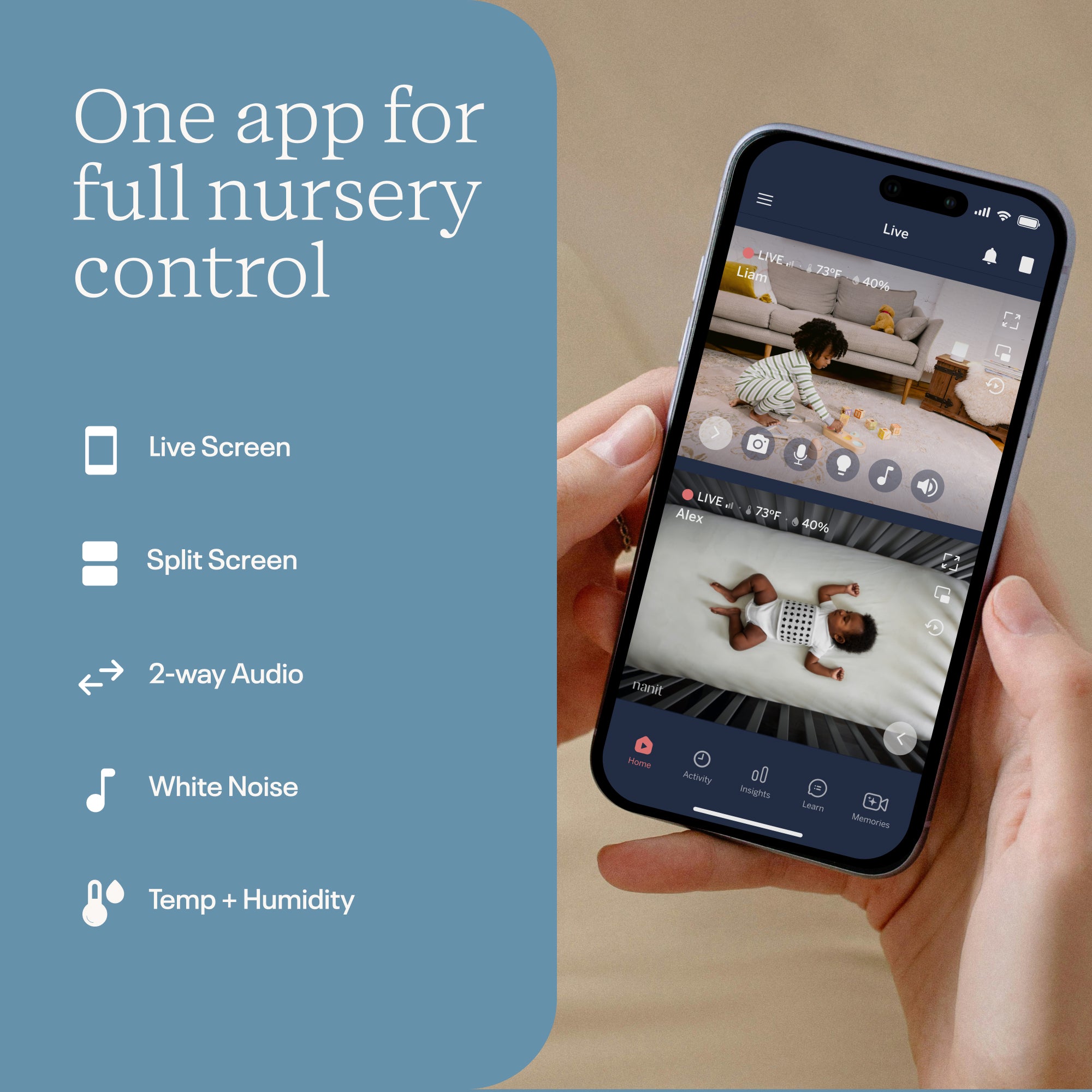 Nanit app for nursery control with features listed on a blue background