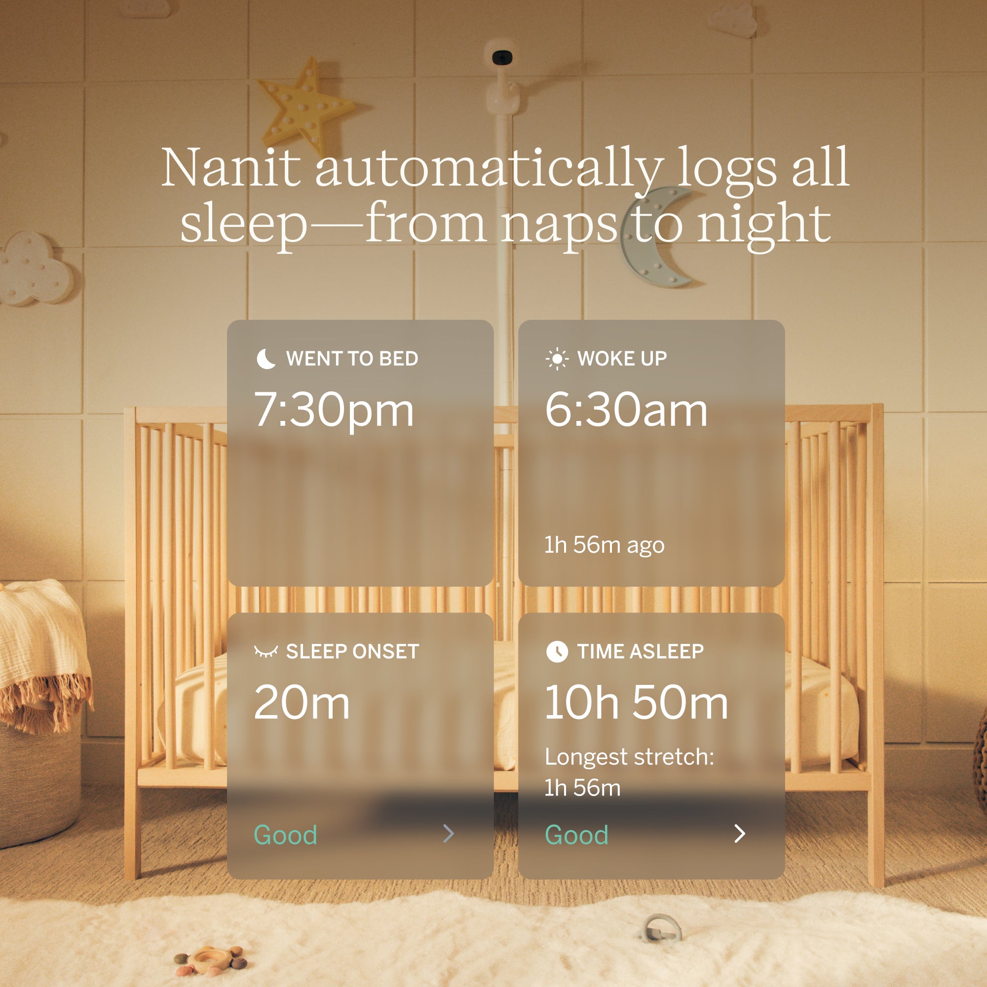 Nanit baby monitor displaying sleep data in a nursery setting #complete your setup_camera only #type_bundle