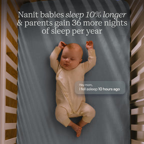 Baby in a crib with text about Nanit babies sleeping longer and parents gaining more sleep. #complete your setup_camera only #type_bundle