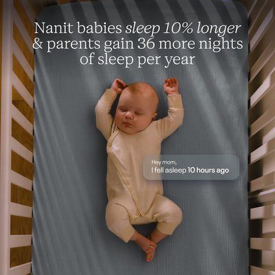 Baby in a crib with text about Nanit babies sleeping longer and parents gaining more sleep.
