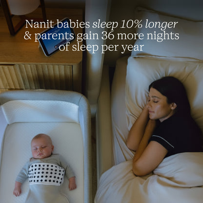 Baby in a crib next to a parent on a bed with text about sleep benefits. 