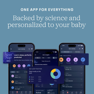 Smartphone app interface for baby monitoring with text 'One app for everything, backed by science and personalized to your baby' on a blue background. 