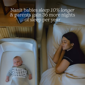 Baby in a crib next to a parent on a bed with text about sleep benefits.