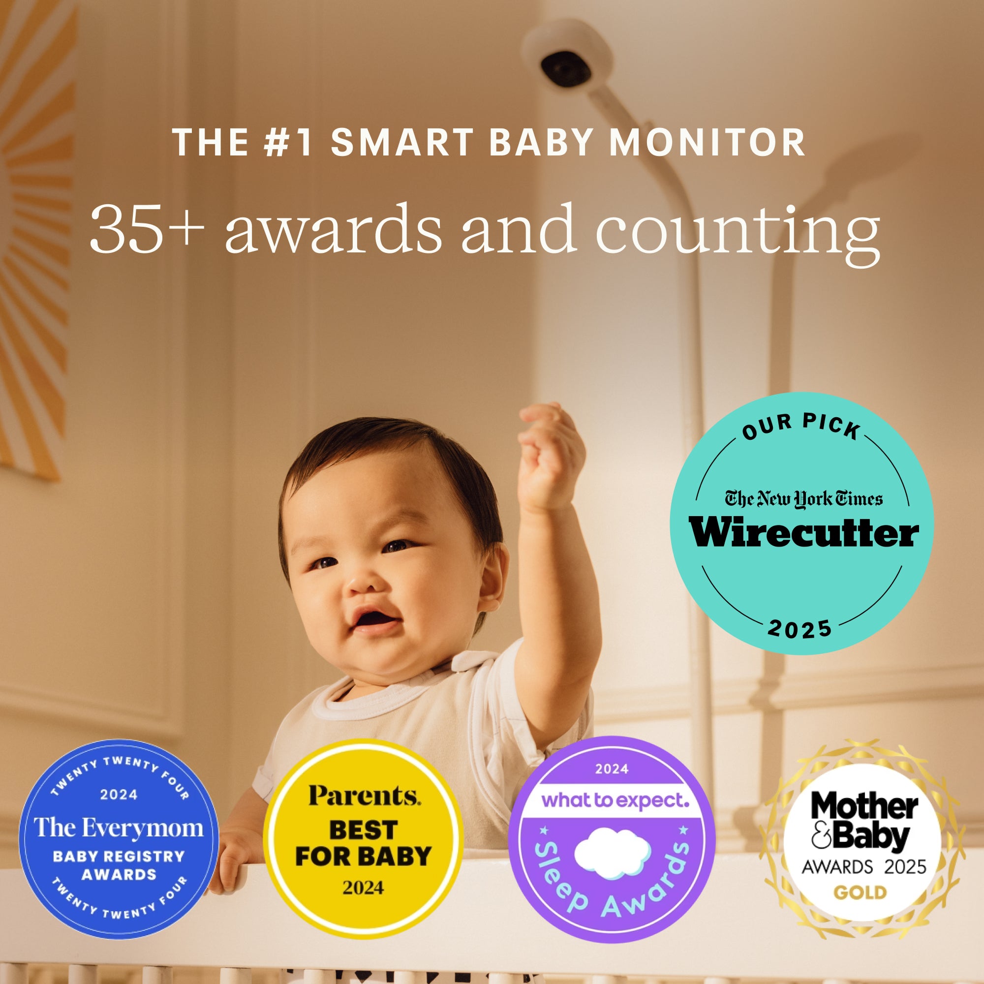 Baby monitor advertisement with baby and awards logos #complete your setup_camera + 8" display