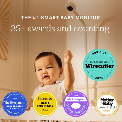 Baby monitor advertisement with baby and awards logos 