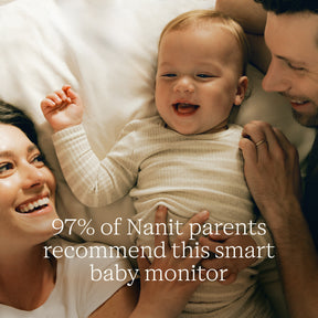 Happy family with a baby lying on a white blanket, with text about Nanit parents recommending the product.