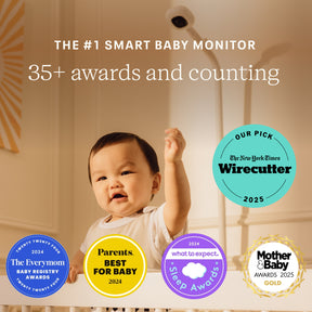 Baby monitor advertisement with baby and awards logos