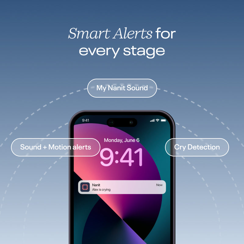 smart alerts (sound and motion alerts, cry detection, and baby standing alerts) for every stage - showing notification example on phone