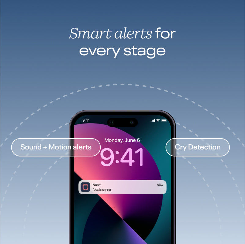 smart alerts (sound and motion alerts, cry detection, and baby standing alerts) for every stage - showing notification example on phone 
