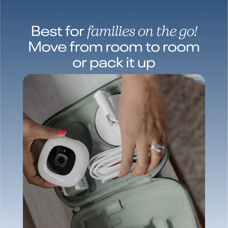 best for families on the go! move from room to room or pack it up - showing image of pro camera and flex stand in nanit green travel case 