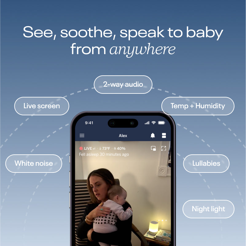 see, soothe, speak to baby from anywhere including white noise, live screen, 2-way audio, nature sounds, lullabies, night light and showing screenshot of mother holding baby in nanit pajamas through nanit app