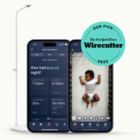 pro baby monitor + floor stand with two phones showing nanit app of dashboard and live screen with wirecutter our pick 
badge 2025 #mount_floor stand