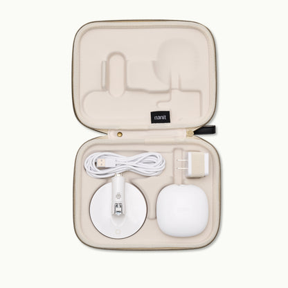 inside nanit travel case in two tone canvas with pro camera, flex stand, and ac adapter 