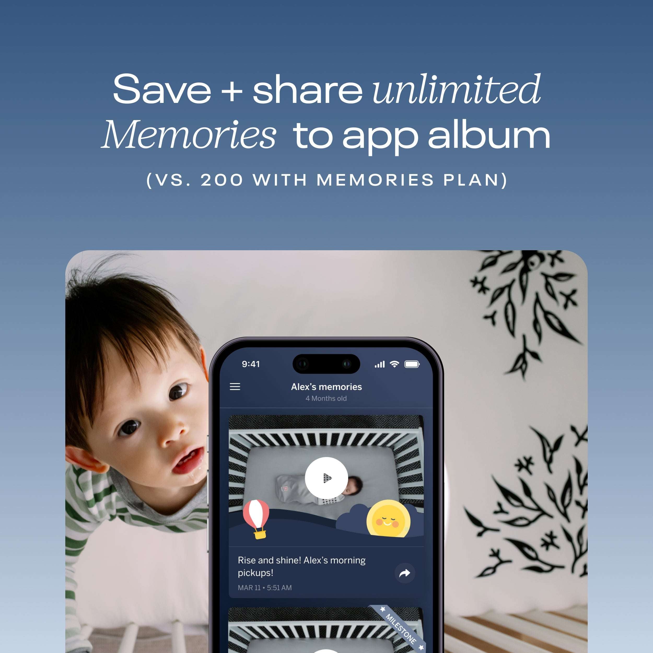 share + save unlimited memories to app album (vs. 200 with memories plan) #insights_milestones