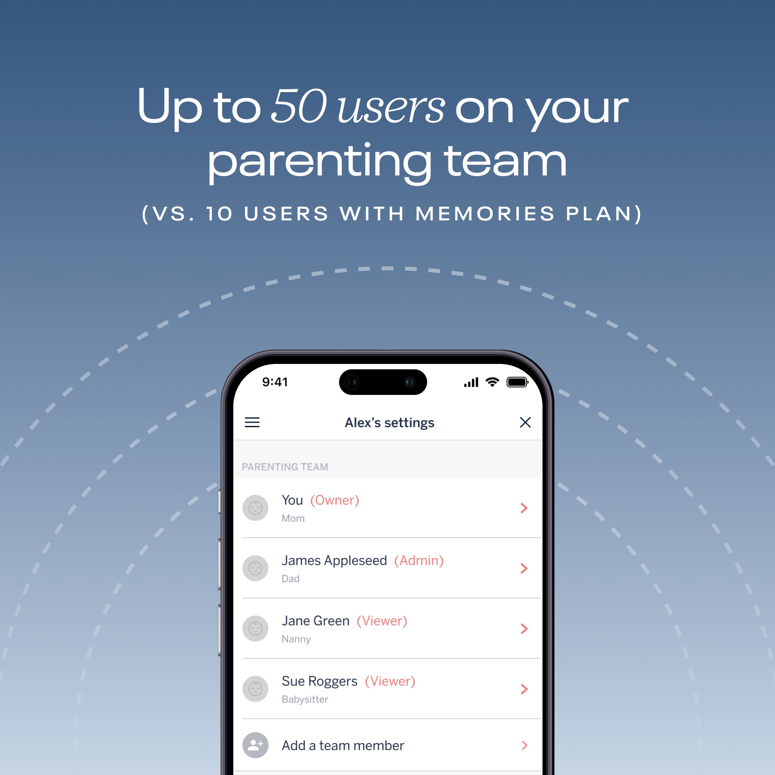 up to 50 users on parenting team (vs. 10 users from memories plan) #insights_milestones