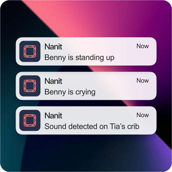 Nanit baby monitor app notifications on a colorful background