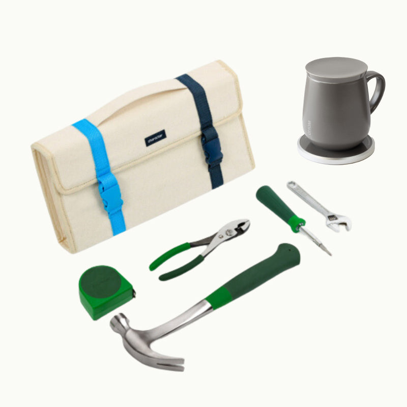 Character tool tote with 5 tools (the hammer, the tape measure, the screwdriver, the small adjustable wrench, the slip joint pilers), and ohom ui self-heating mug in stone gray #color_stone gray
