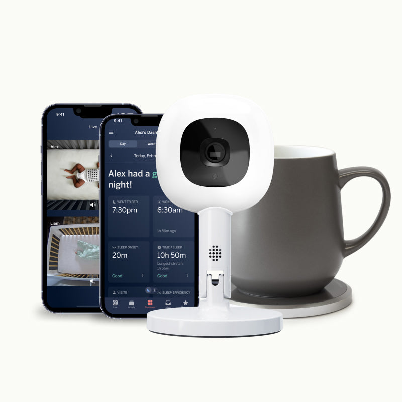 nanit pro camera with white flex stand, nanit app, and ohom ui self-heating mug in stone gray #mount_flex stand