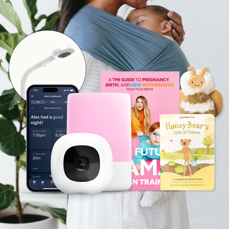 nanit pro camera + floor stand, nanit sound + light, Dear Future Mama by Meghan Trainor, Slumberkins Gratitude Bundle, and Solly Baby Wrap