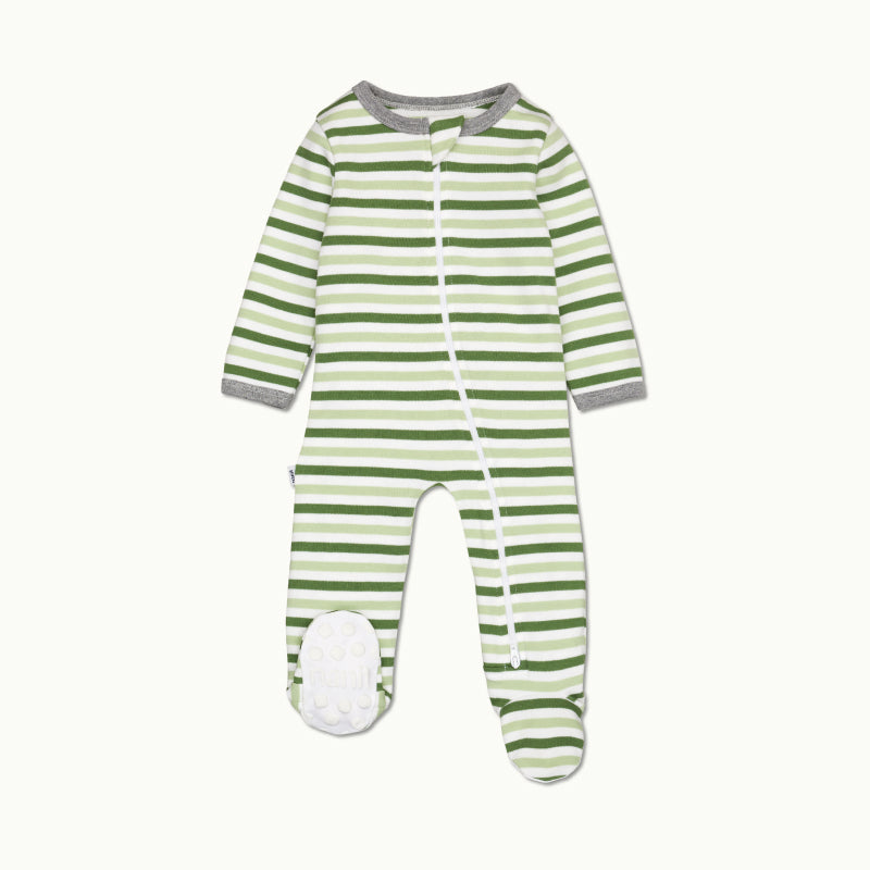 sleep wear pajama in evergreen bold stripe front view showing signature foot gripper #color_evergreen bold stripe