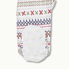 zoomed in on right feet in front view of sleep wear pajamas in fair isle showing signature foot gripper #color_fair isle