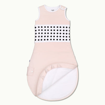 nanit blush pink breathing wear quilted sleeping bag front view and showing inside 