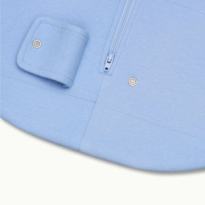 zoomed in on two-way bottom zipper on sleeping bag in cornflower blue 