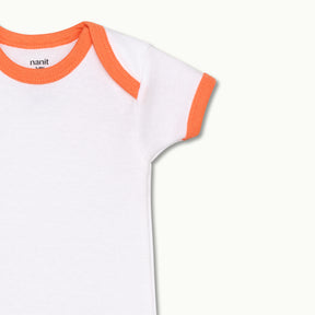 zoomed in on expandable lap shoulder neckline for easy on/off on short sleeve bodysuit cantaloupe #color_cantaloupe
