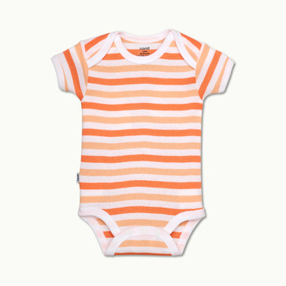 front view of short sleeve bodysuit in cantaloupe stripe 