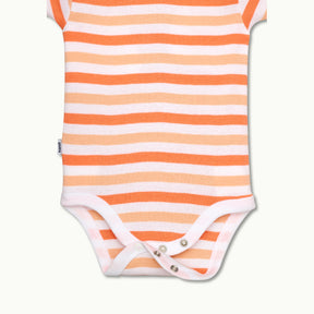 zoomed in on bottom - nickel-free snaps at crotch for diaper changes on short sleeve bodysuit cantaloupe stripe #color_cantaloupe stripe