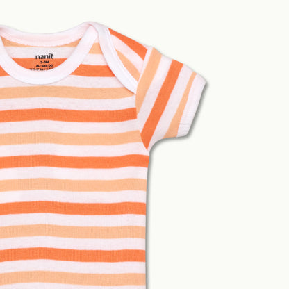 zoomed in on expandable lap shoulder neckline for easy on/off on short sleeve bodysuit cantaloupe stripe 