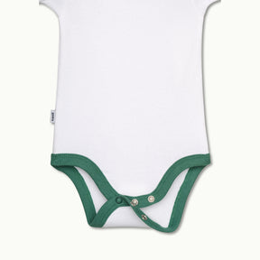 zoomed in on bottom - nickel-free snaps at crotch for diaper changes on short sleeve bodysuit spruce green #color_spruce green
