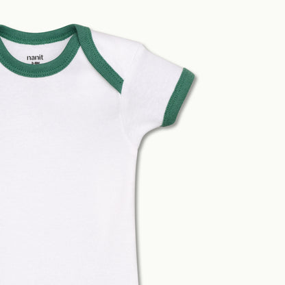 zoomed in on expandable lap shoulder neckline for easy on/off on short sleeve bodysuit spruce green 