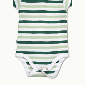 zoomed in on bottom - nickel-free snaps at crotch for diaper changes on short sleeve bodysuit spruce green stripe #color_spruce green stripe