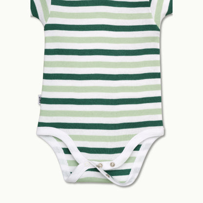 zoomed in on bottom - nickel-free snaps at crotch for diaper changes on short sleeve bodysuit spruce green stripe 