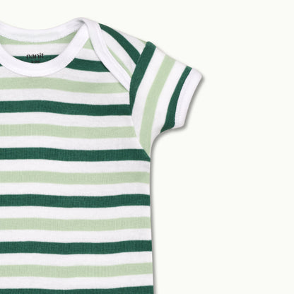 zoomed in on expandable lap shoulder neckline for easy on/off on short sleeve bodysuit spruce green stripe 