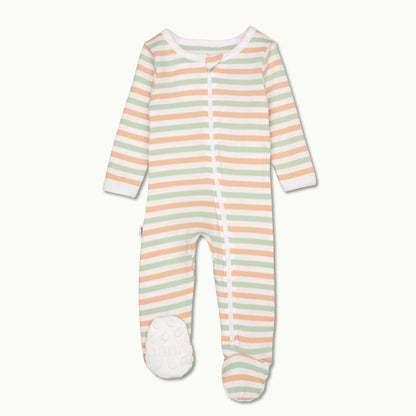 sleep wear pajama in apricot bold stripe front view showing signature foot gripper 