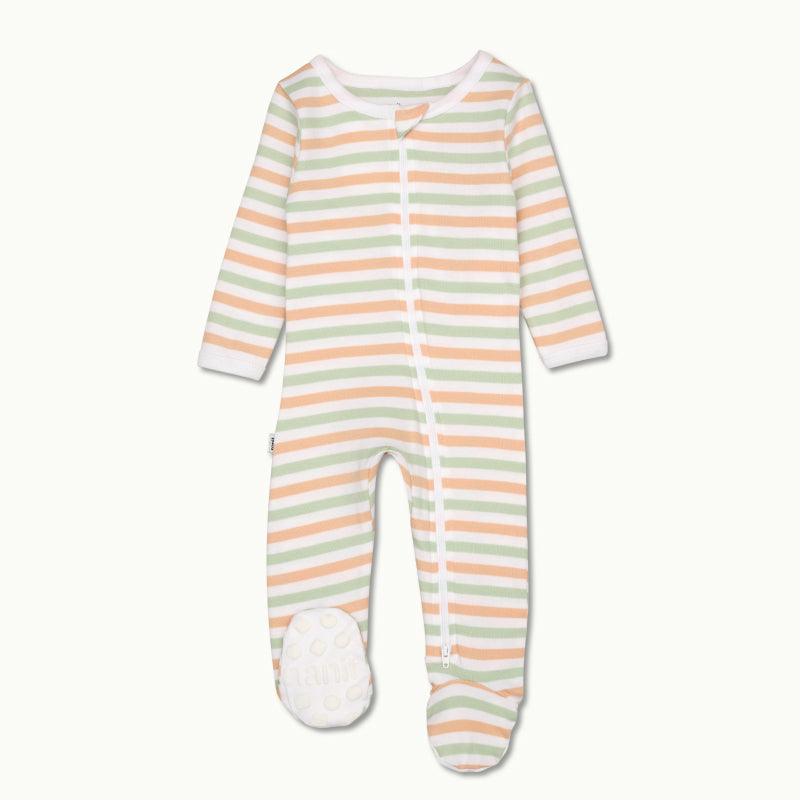 sleep wear pajama in apricot bold stripe front view showing signature foot gripper #color_apricot bold stripe