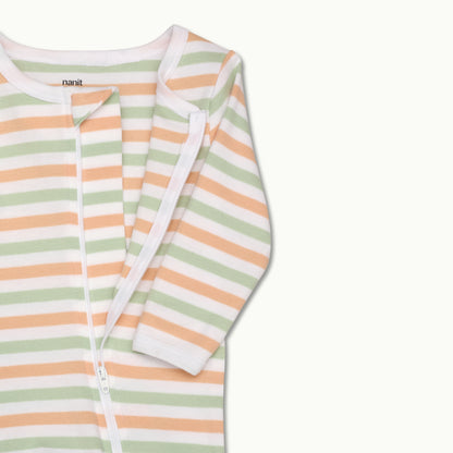 zoomed in on front view of pajama protective chin zipper guard with zipper opened in apricot bold stripe 