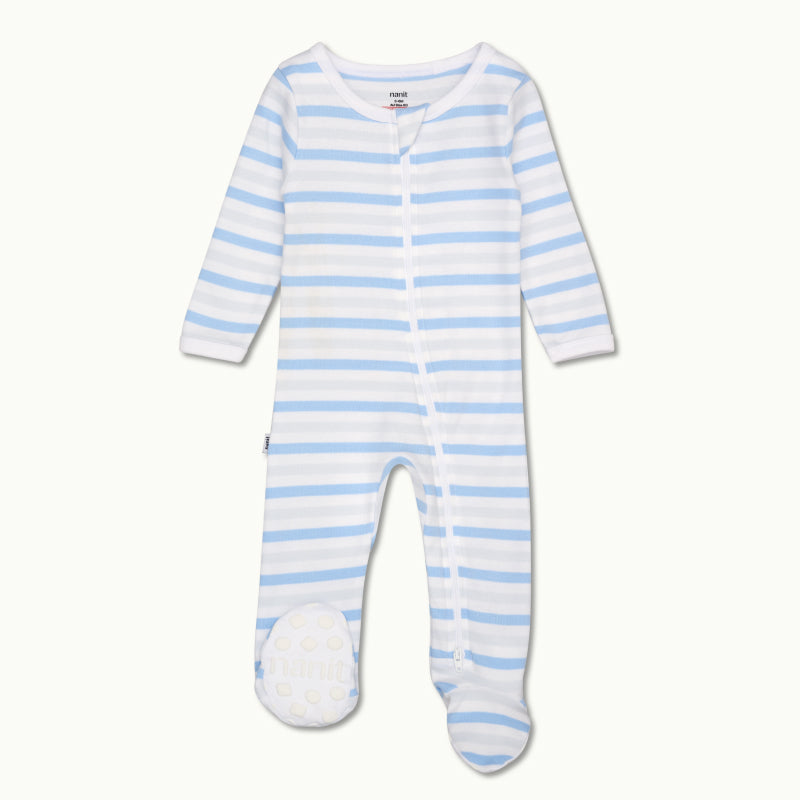 sleep wear pajama in cornflower blue stripe front view showing signature foot gripper #color_cornflower blue stripe