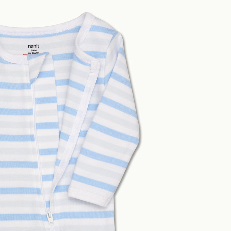 zoomed in on front view of pajama protective chin zipper guard with zipper opened in cornflower blue stripe #color_cornflower blue stripe