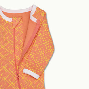 zoomed in on front view of pajama protective chin zipper guard with zipper opened in go between #color_go between