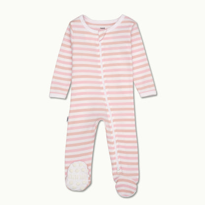 sleep wear pajama in rose pink stripe front view showing signature foot gripper 